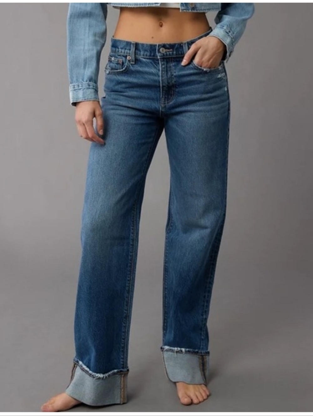 American Eagle Women's 18 Stovepipe Cuffed Hem Wide Leg Denim Jeans - Picture 6 of 6